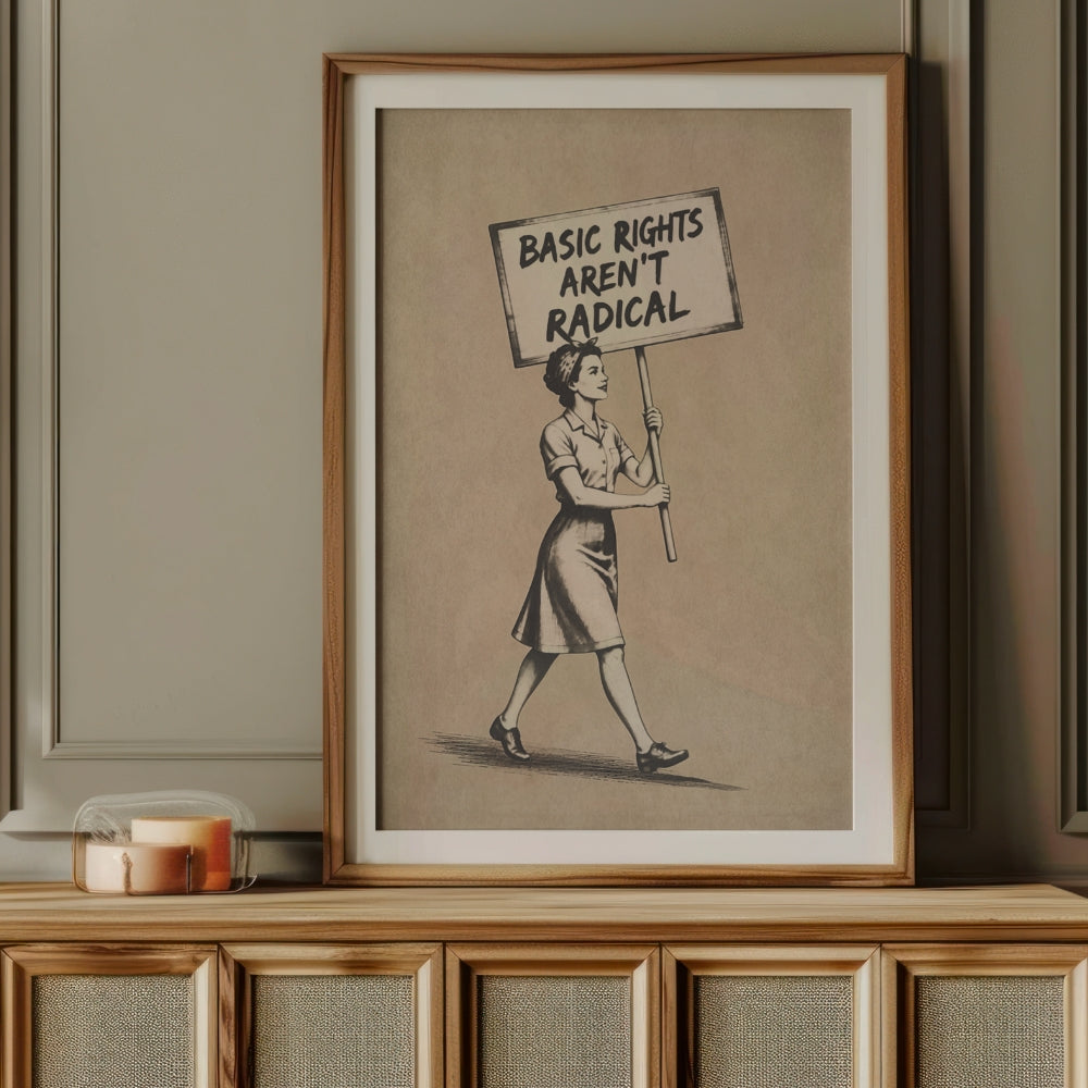 Framed artwork of a person holding a 'Basic Rights Aren't Radical' sign on a wooden surface.