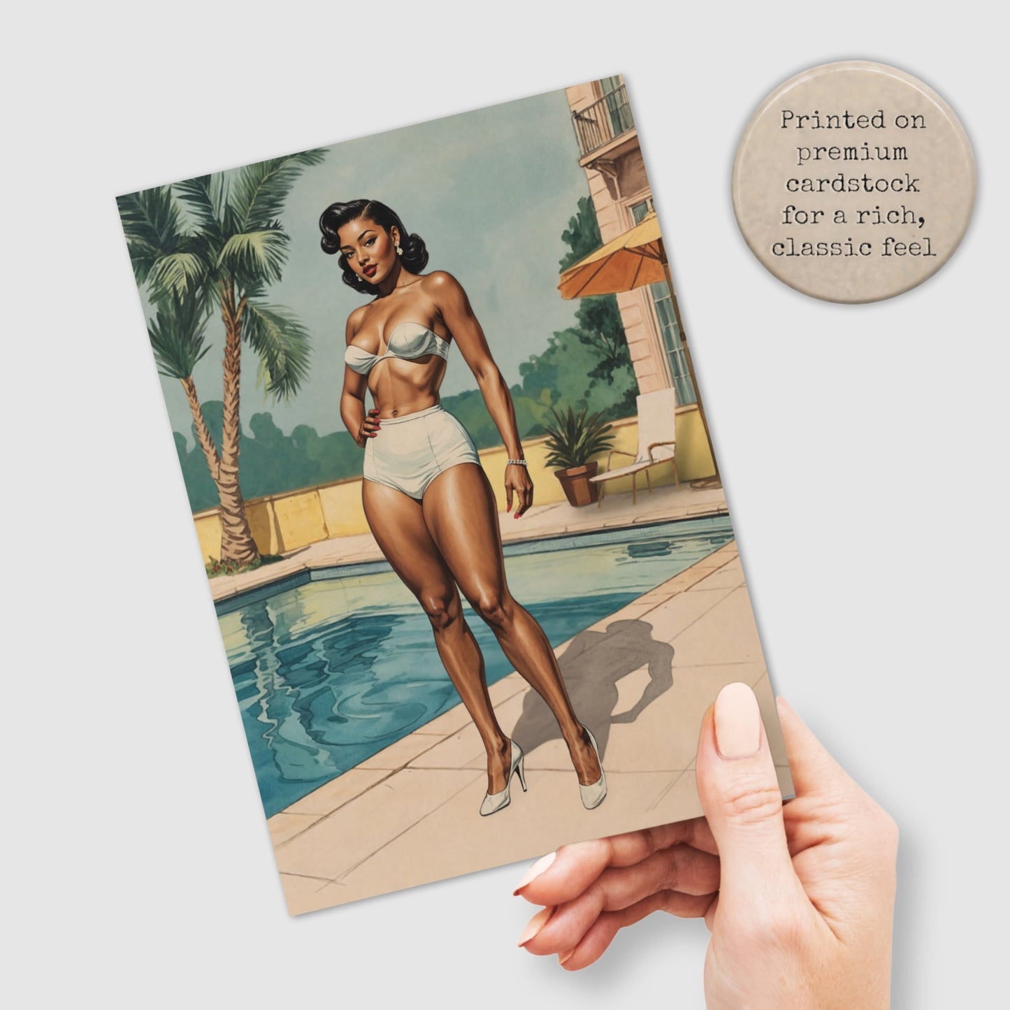 Vintage-style postcard with a woman in a swimsuit by a pool, held by a hand.