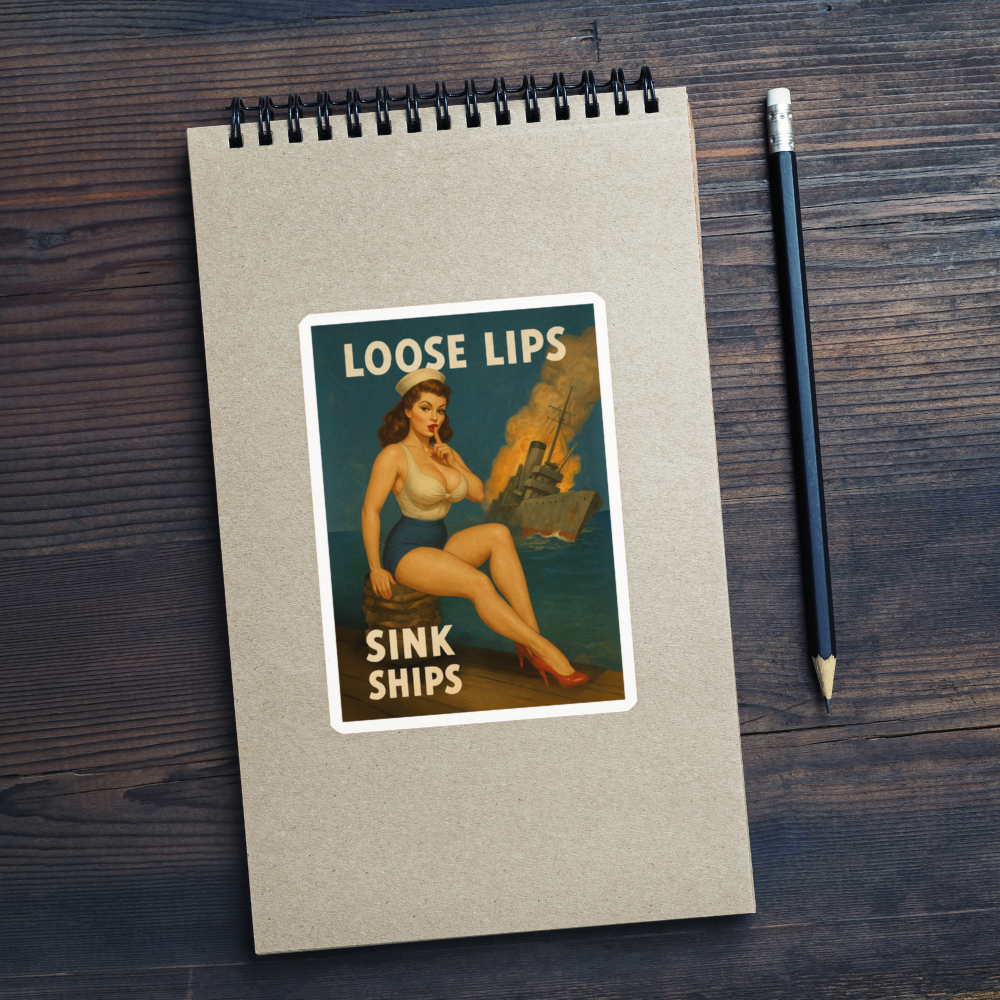 Notebook with a vintage-style 'Loose Lips Sink Ships' poster sticker on a wooden surface with a pencil.