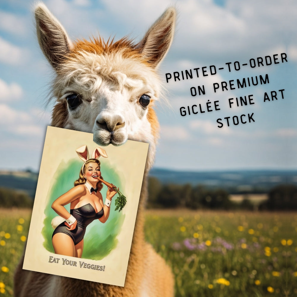 Llama holding a vintage-style poster with a woman in bunny ears in a field