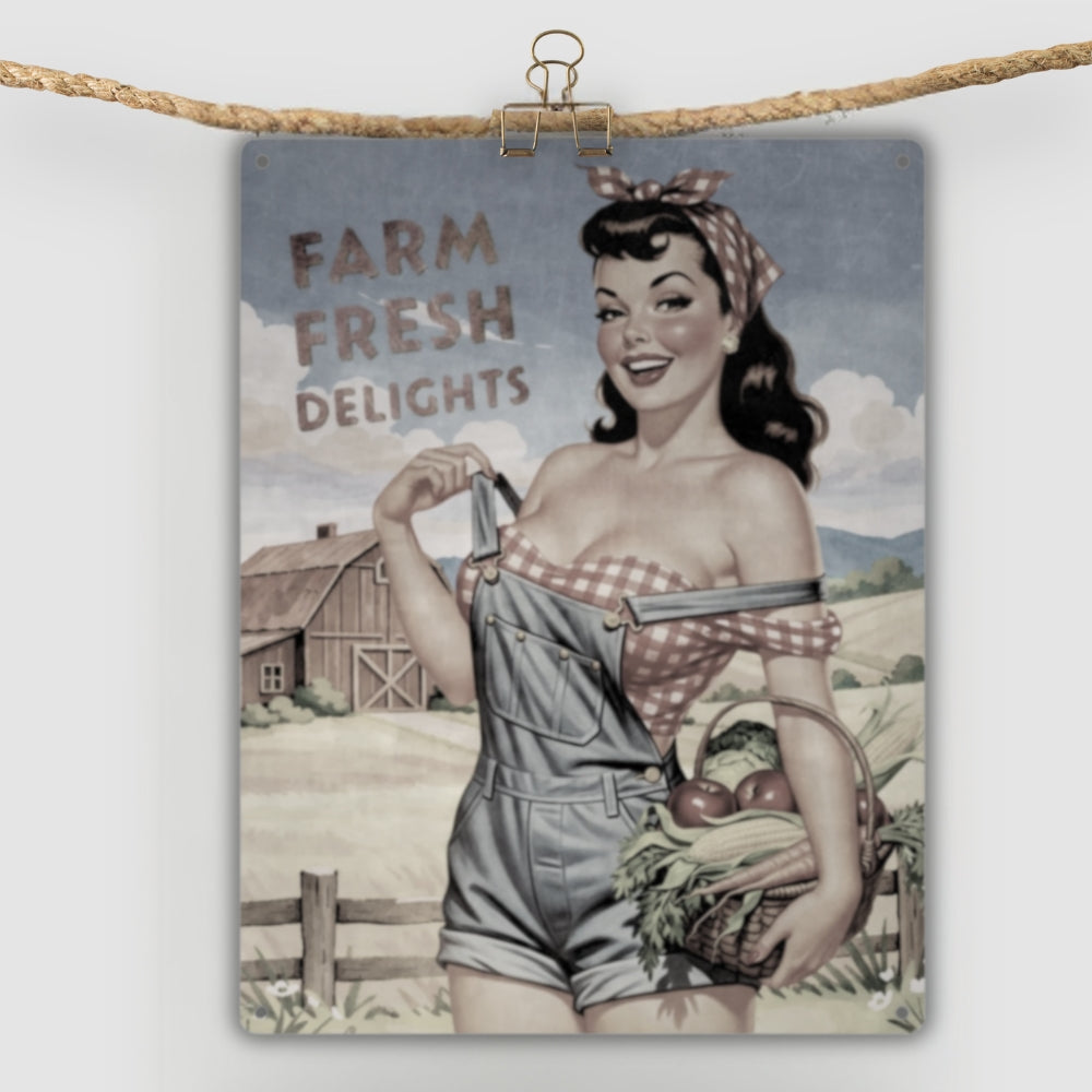 Farm Fresh Delights country pinup farm girl metal sign that is hanging on a rope line