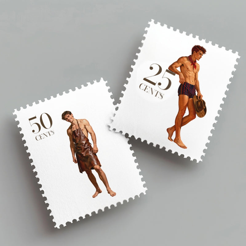 Two vintage-style postage stamps featuring men in swimsuits on a gray background