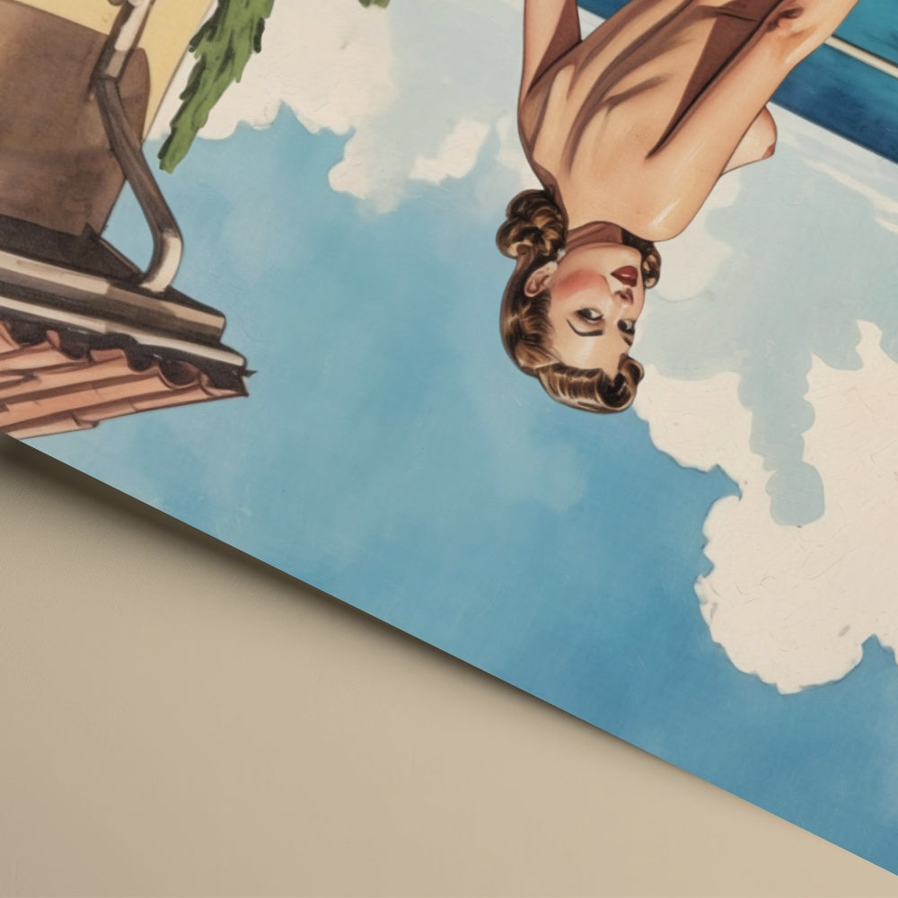 Vintage-style illustration of a woman in a bikini against a blue sky with clouds.