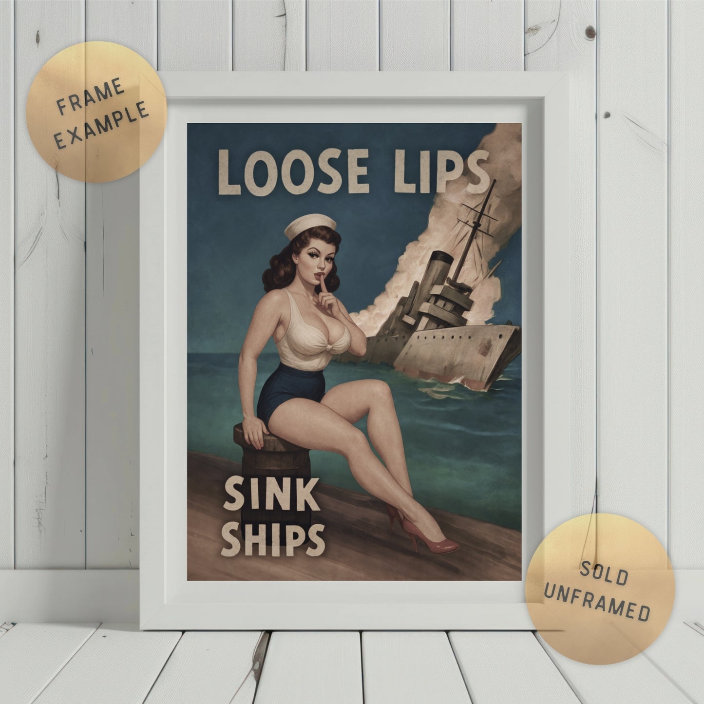 Vintage-style poster with a woman in a sailor outfit and text 'Loose lips sink ships' on a wooden background.