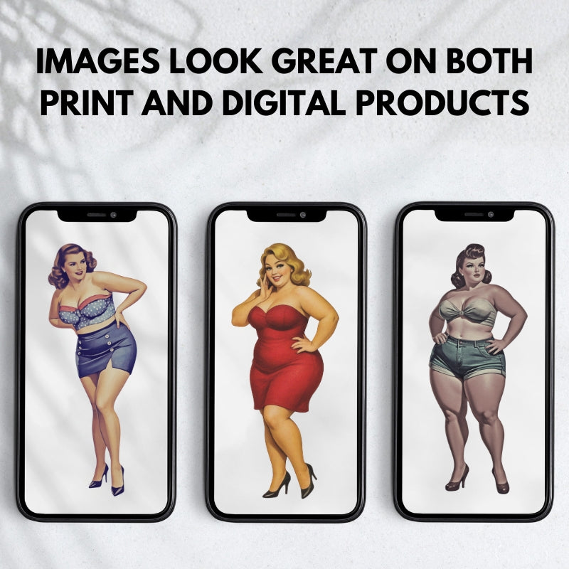 Three smartphone screens displaying images of a plus-size woman in different outfits on a textured white background.