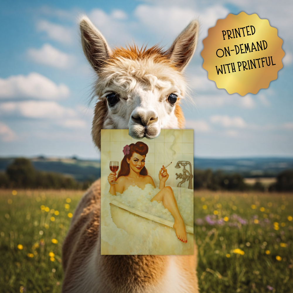 Alpaca holding a print of a woman in a bathtub with a scenic background