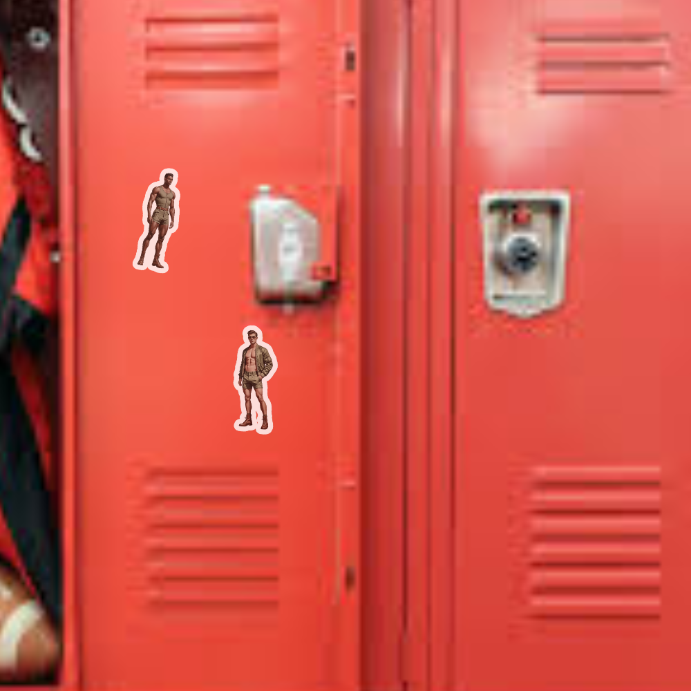 Red lockers with stickers of people on a blurred background