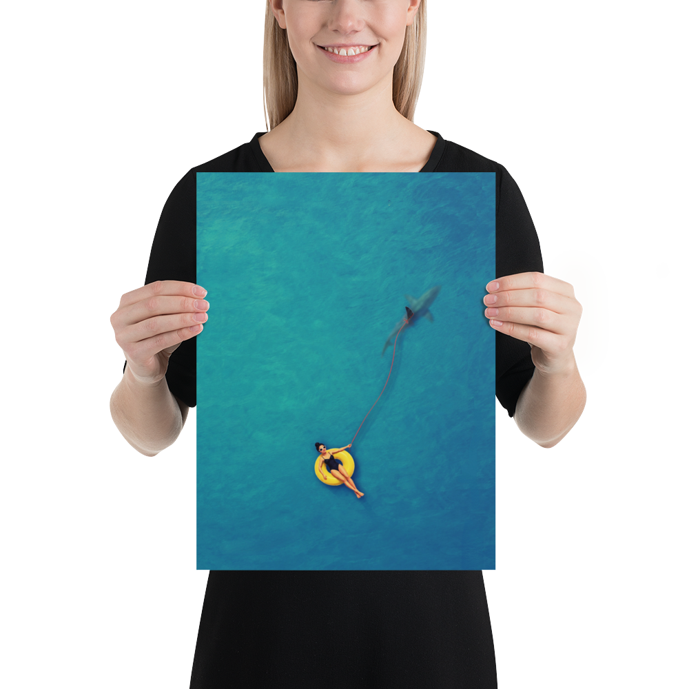 Swimmer Walking a Shark Art Print