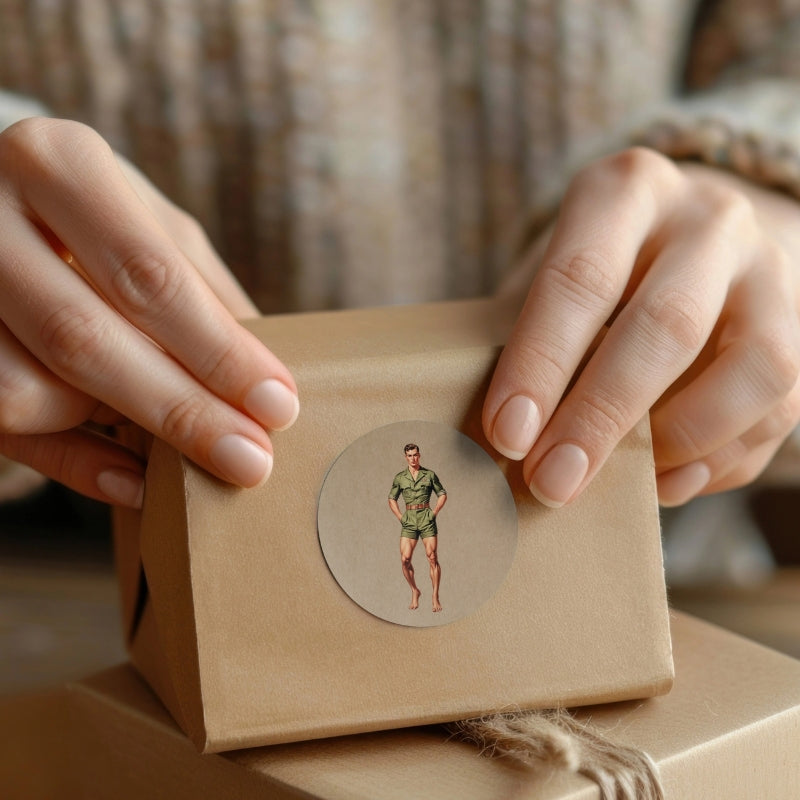 Person holding a small brown box with a round sticker featuring a person in military uniform.