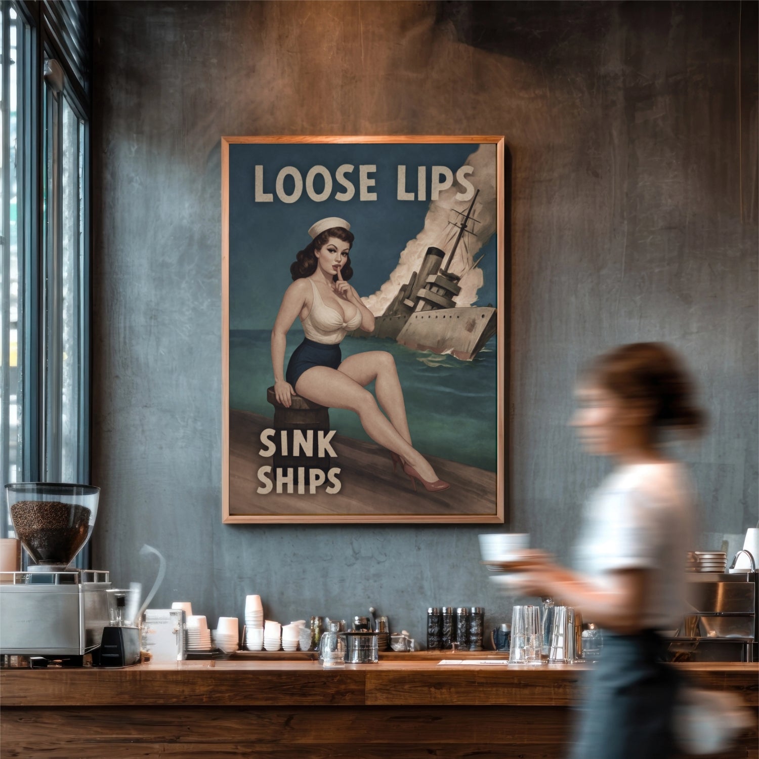 Poster with a vintage-style design of a woman in a swimsuit sitting on a ship's wheel, with text 'Loose lips sink ships', in a coffee shop setting.