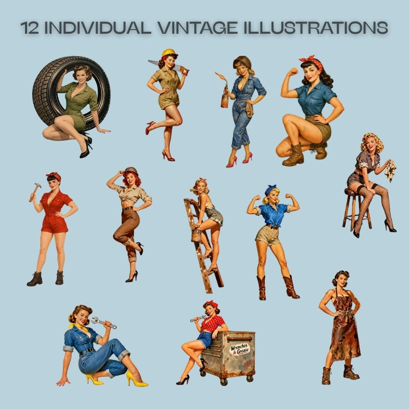 Collection of 12 vintage-style illustrations of women in various poses and outfits on a light blue background.