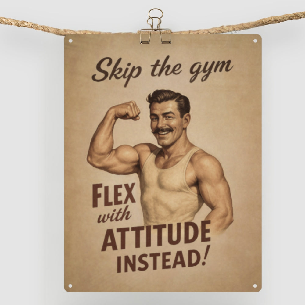 Skip the Gym, Flex with Attitude retro metal sign hanging on a rope line