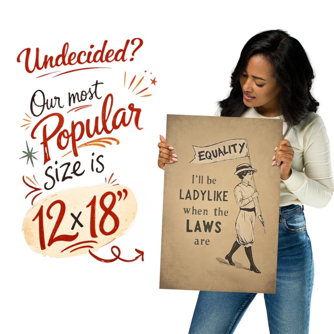 Woman holding a sign with text and an illustration, with promotional text about size on a white background