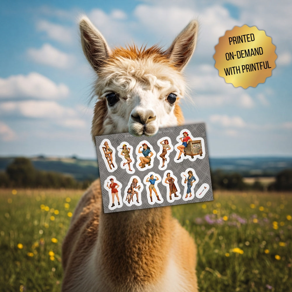 Alpaca holding a printed product with a scenic background