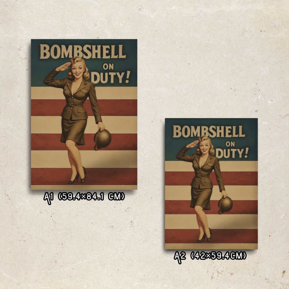 Two 'Bombshell on Duty!' posters with a woman in uniform against an American flag background.