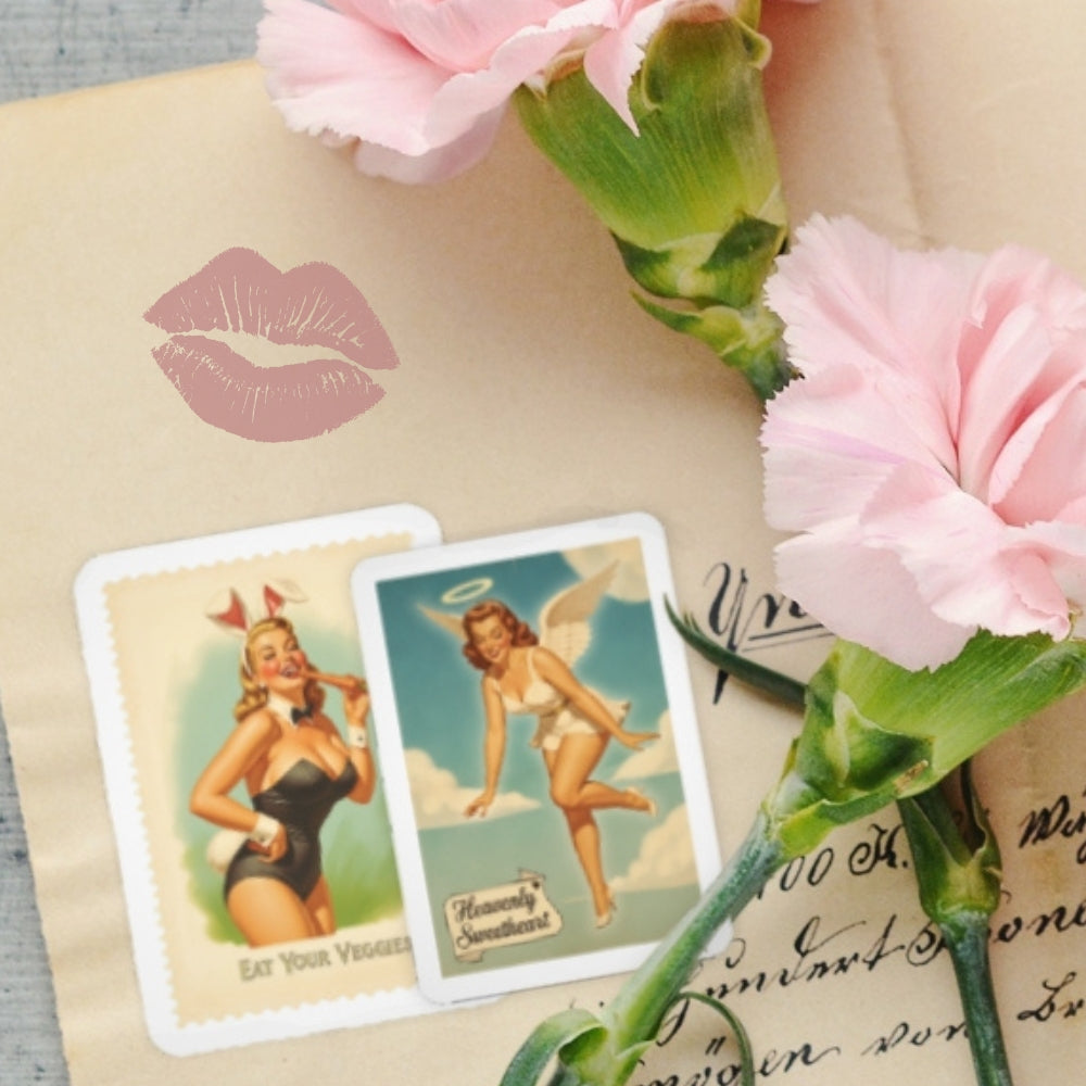 Vintage-style cards with illustrated women and pink flowers on a textured surface.