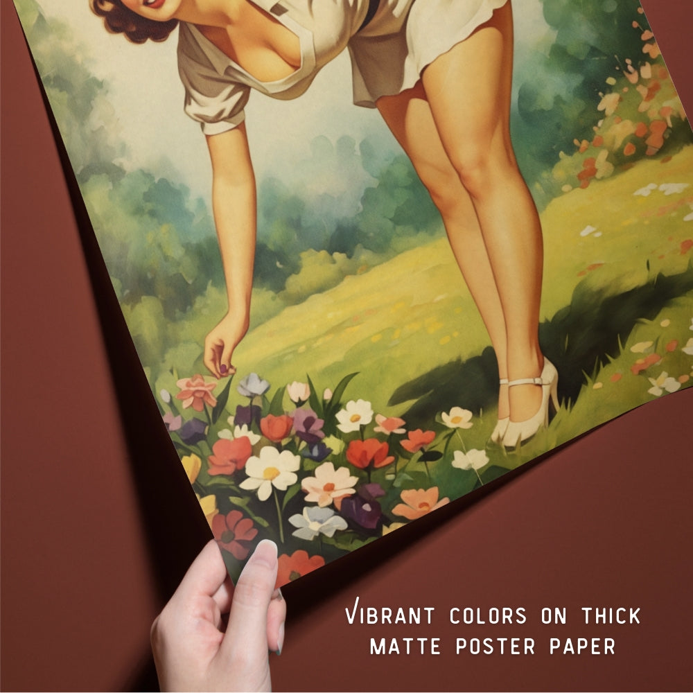 Poster of a woman in a garden with vibrant colors on thick matte paper