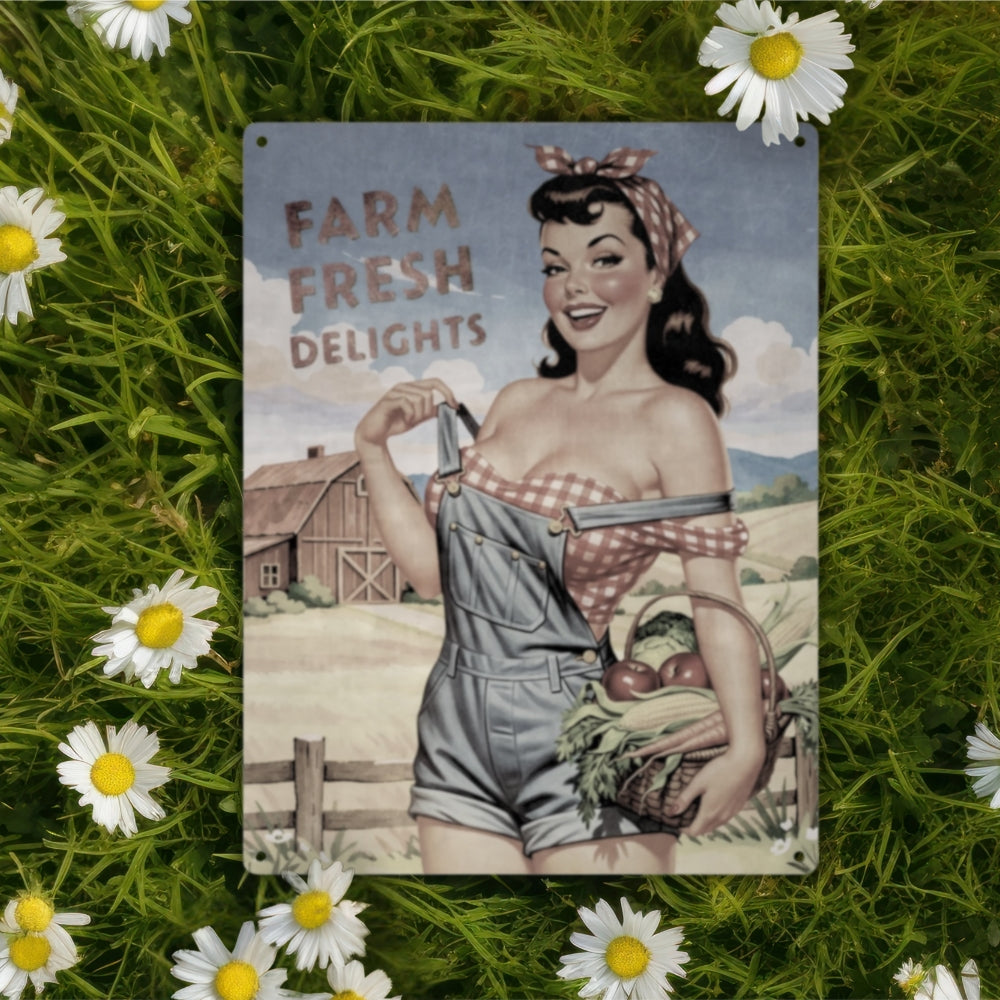 Farm Fresh Delights country pinup farm girl with vegetables and barn in the background metal poster sign surrounded by daisies and green grass