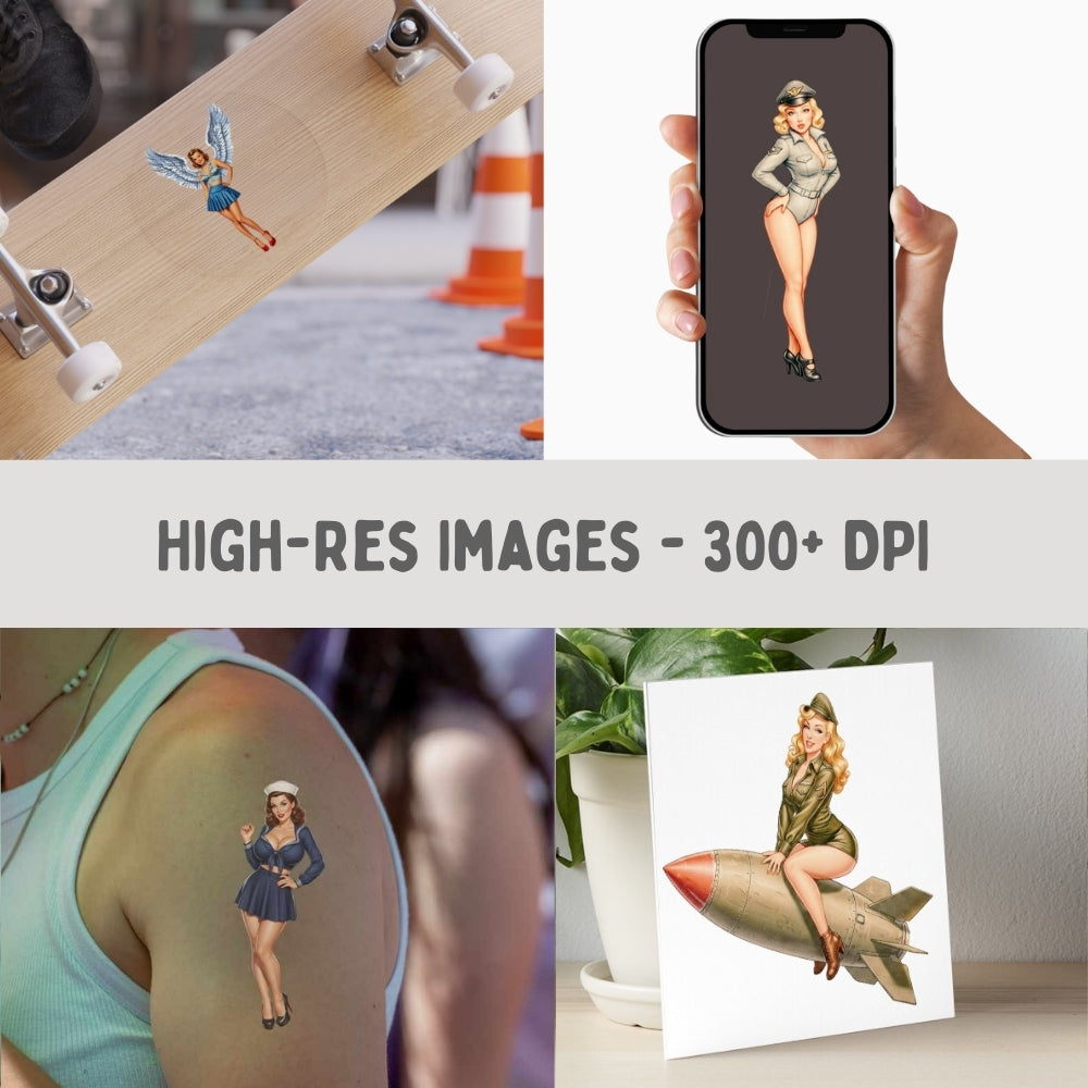 Collage of images featuring a pin-up girl design on various items.