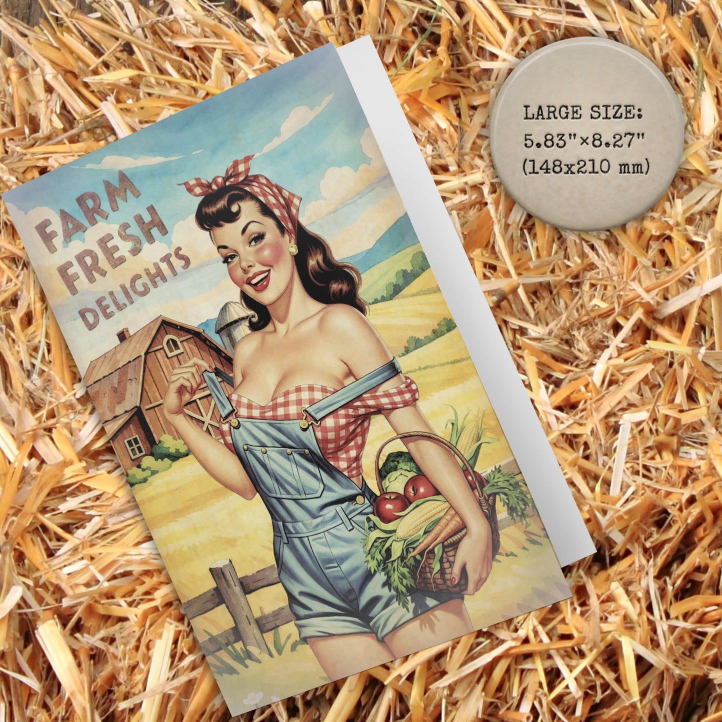 Vintage-style card with a woman in overalls and a checkered dress on a field of hay.