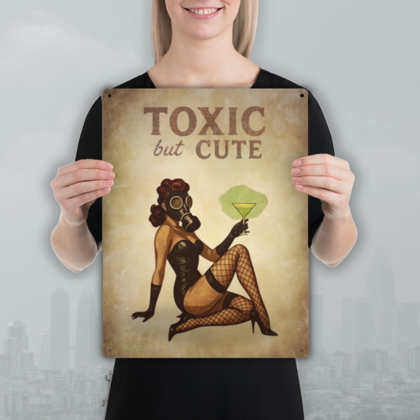 Person holding a poster with a vintage-style illustration of a woman in lingerie and gas mask, with text 'Toxic but Cute'.
