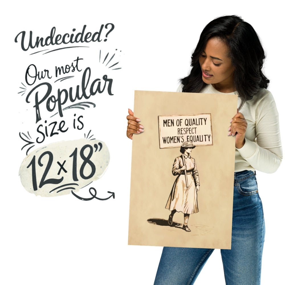 Woman holding a protest sign with text and illustration, with promotional text about size on a white background