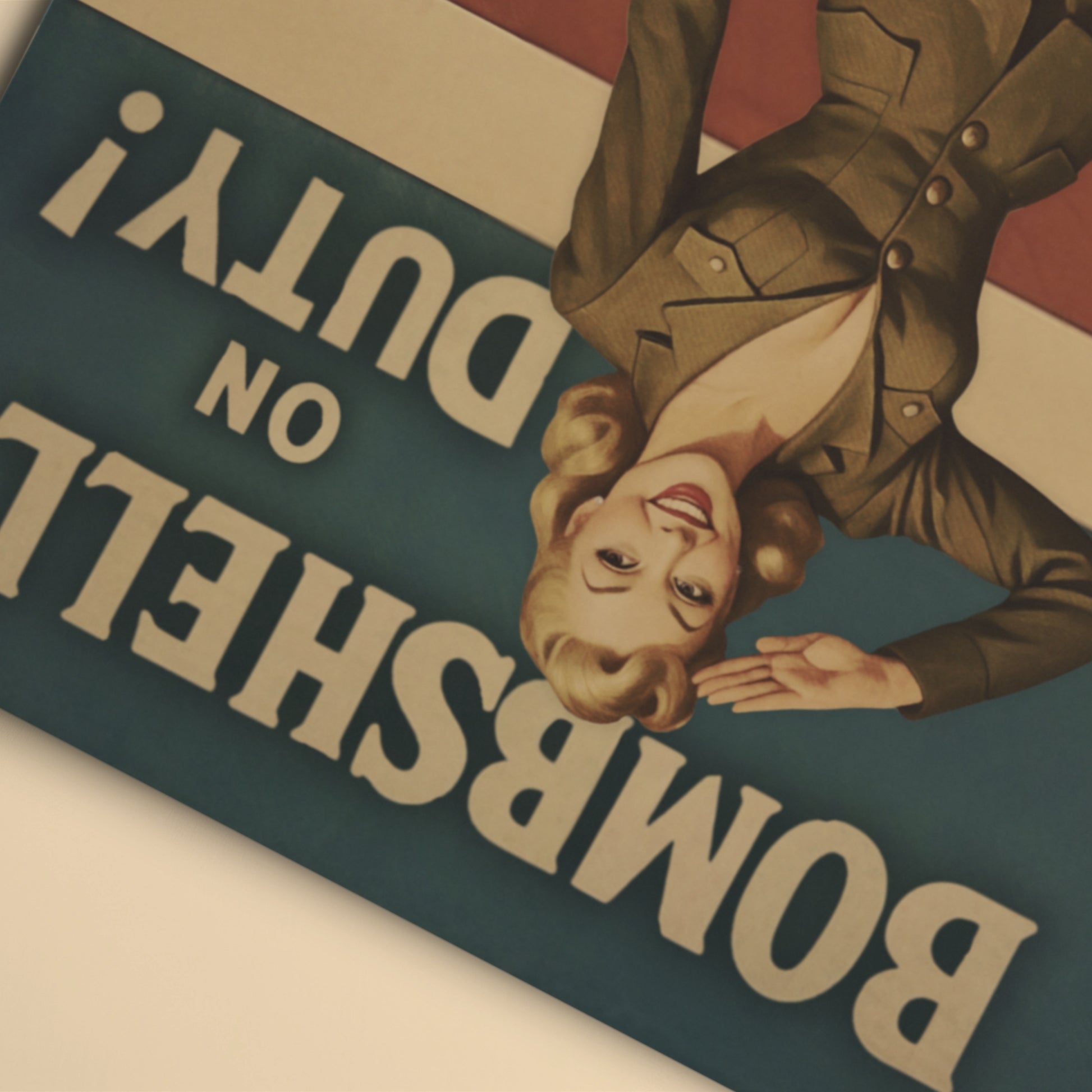 Vintage-style poster card with a woman in uniform and text on a red and green background