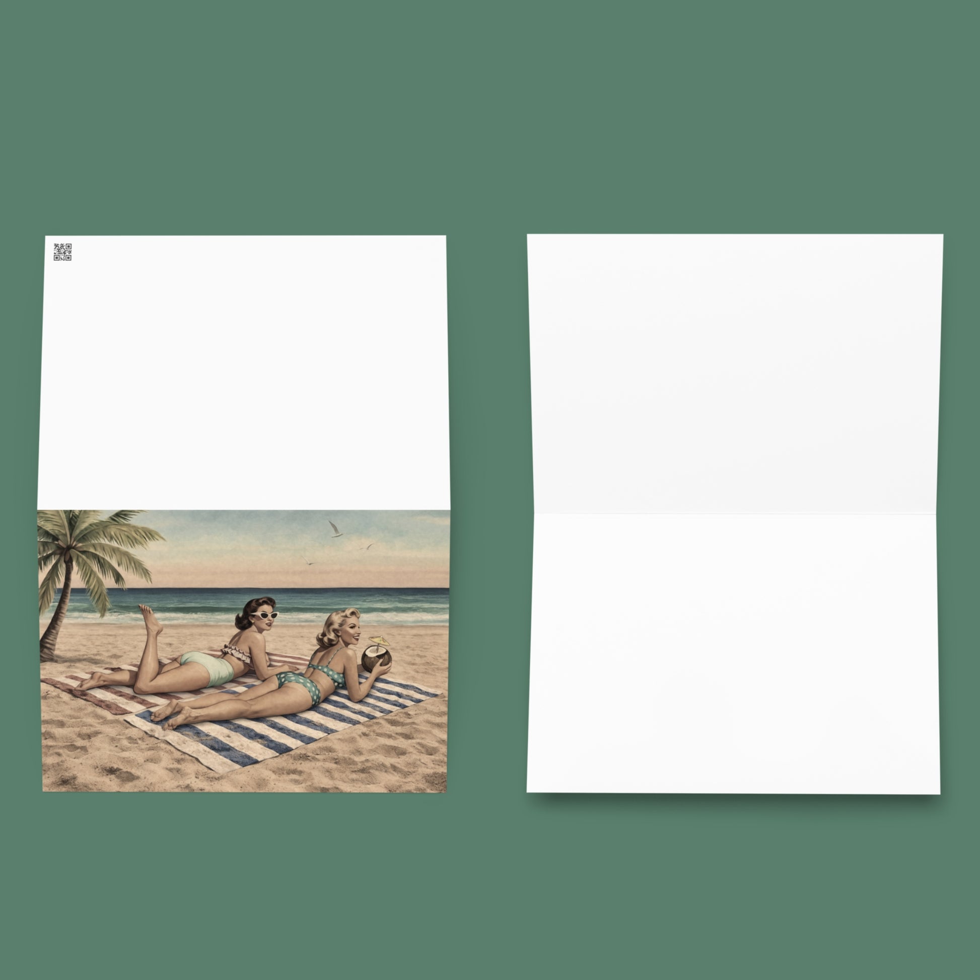 Two women in vintage swimwear lying on a striped towel at the beach with palm trees and ocean in the background on a greeting card