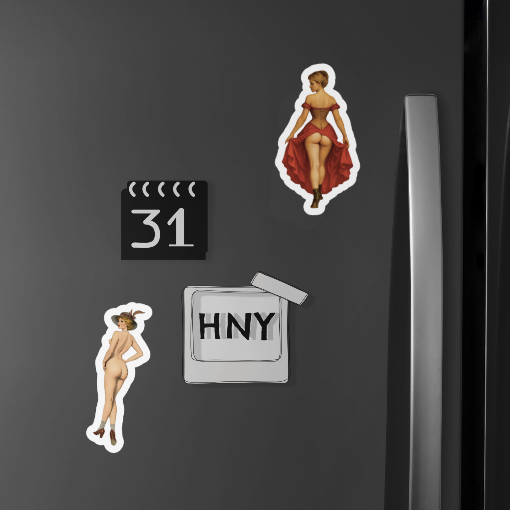 Fridge magnets with artistic representations of a woman in a red dress and text on a dark surface.