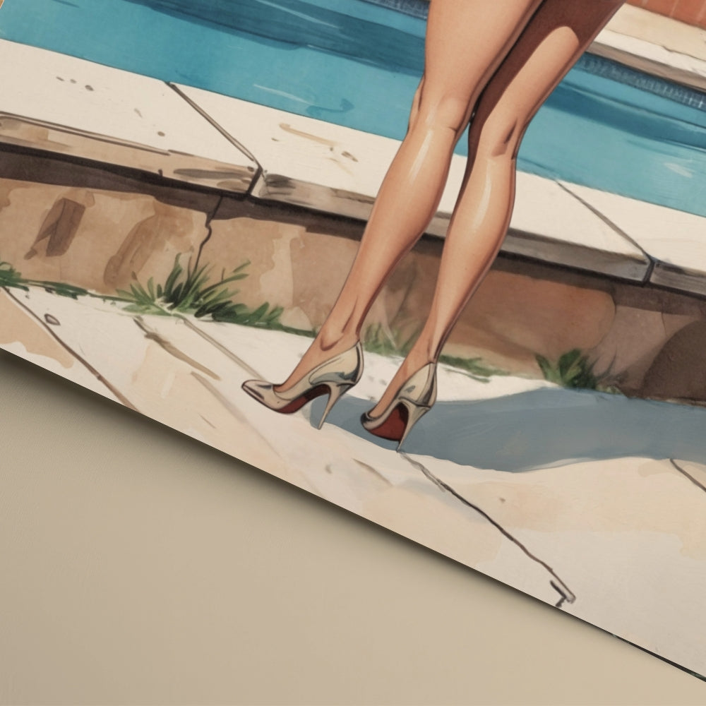 Illustration of legs in high heels stepping onto a boat with a pool in the background