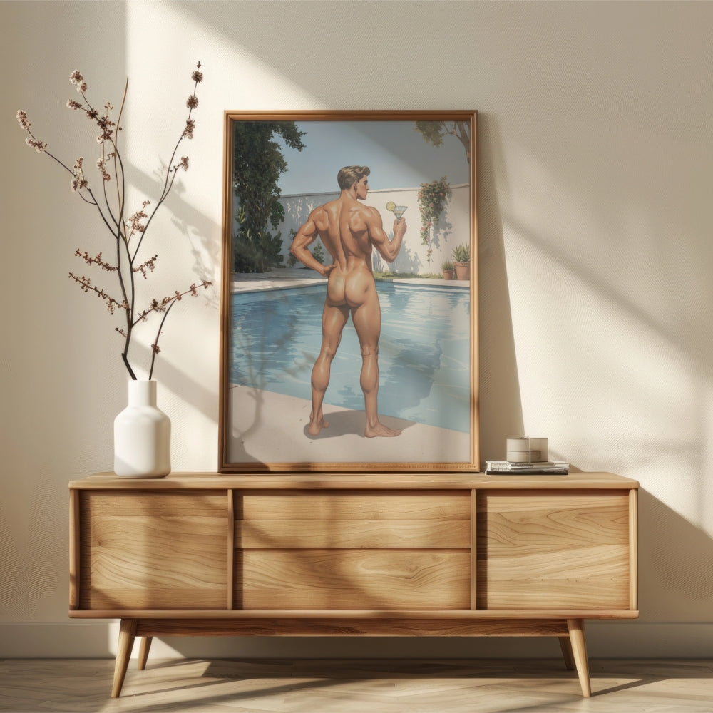 framed male pinup boy painting on a credenza