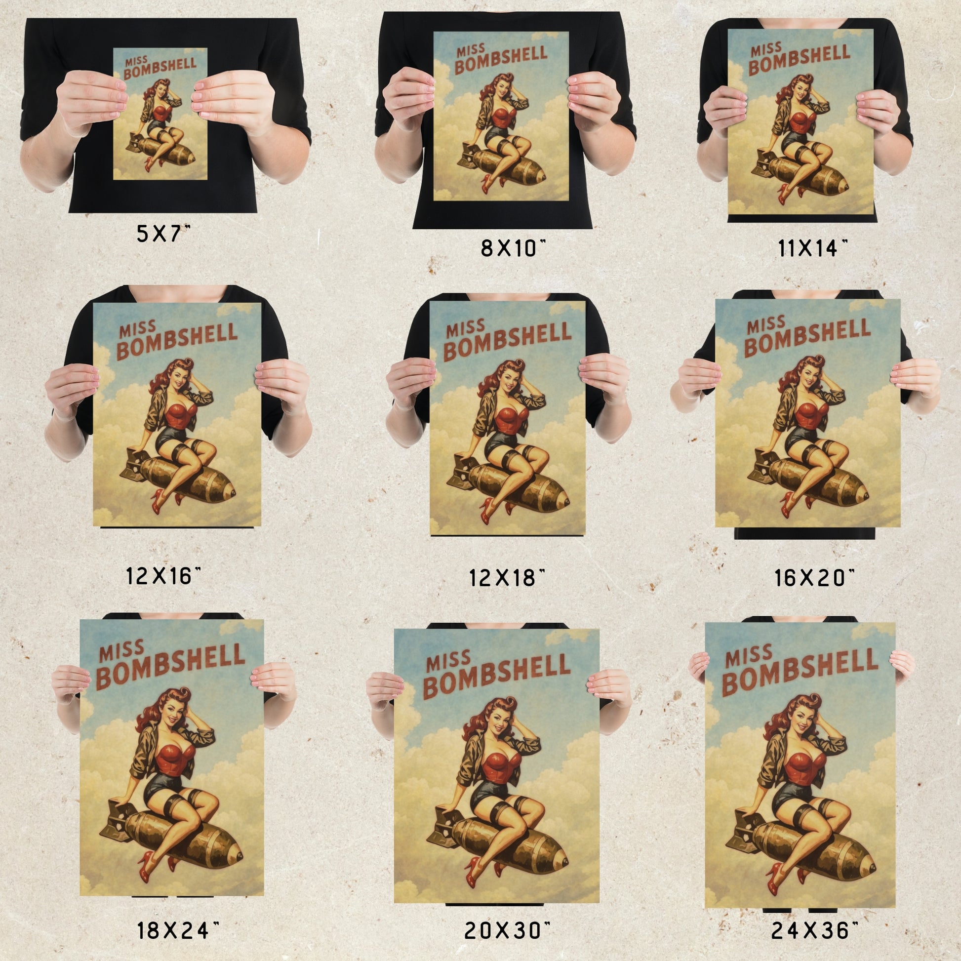 Collection of 'Miss Bombshell' posters in various sizes held by a person against a beige background.