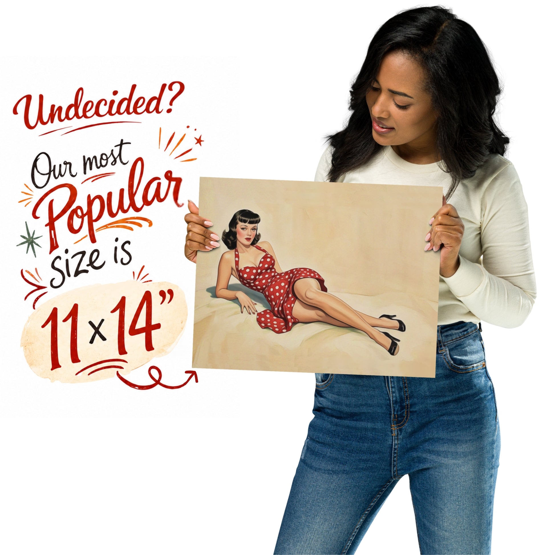 Woman holding a painting of a woman in a polka dot dress with promotional text on a white background