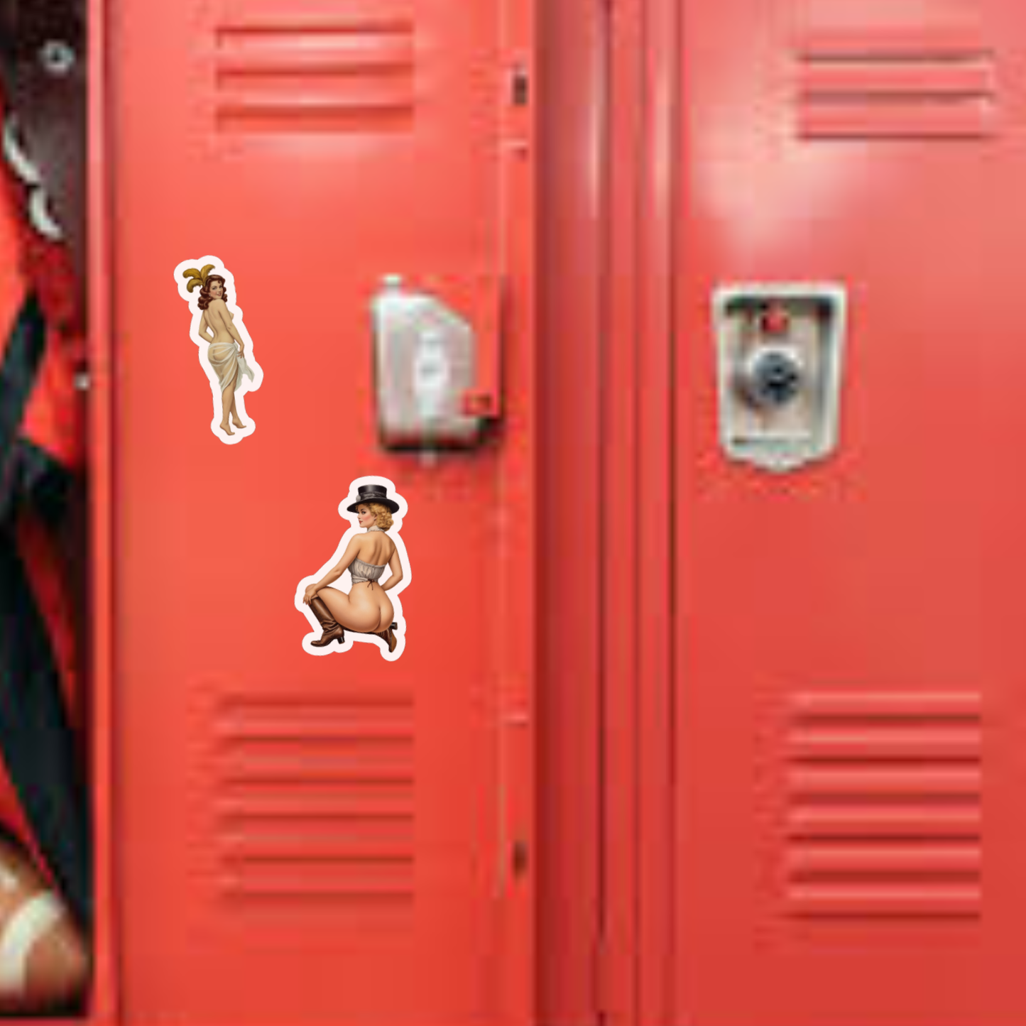 Red lockers with stickers of a topless figure and a hat on a blurred background