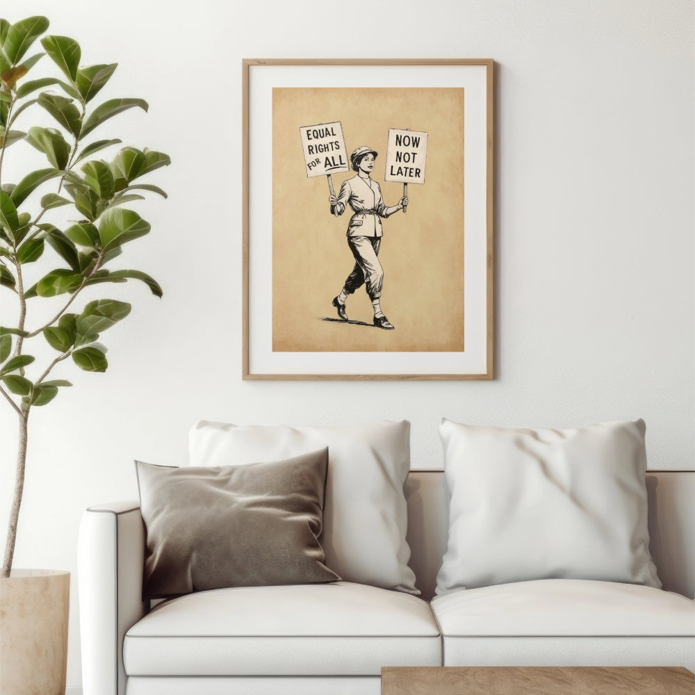 Framed artwork of a woman holding a sign with text, displayed above a sofa in a living room.