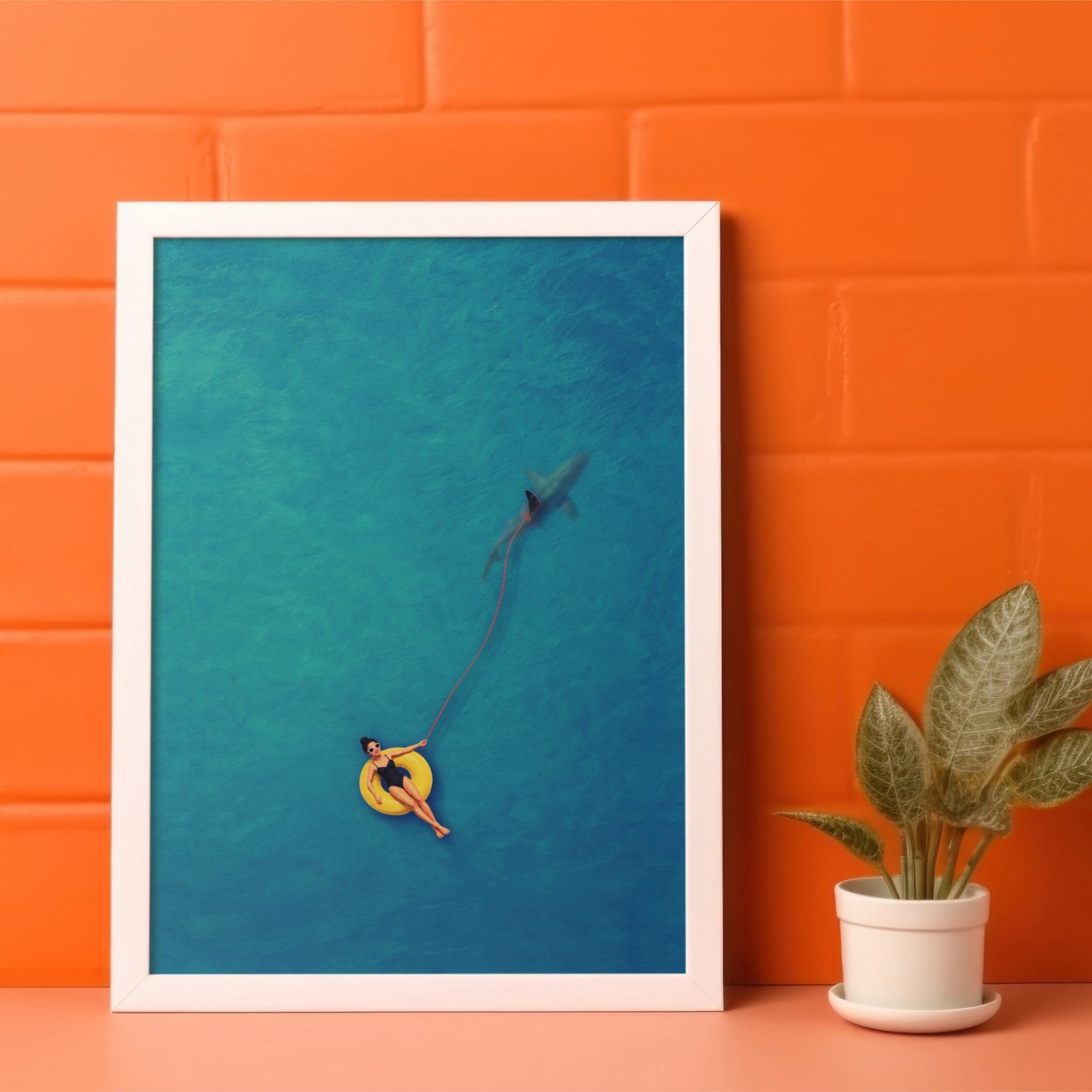 Swimmer Walking a Shark Art Print