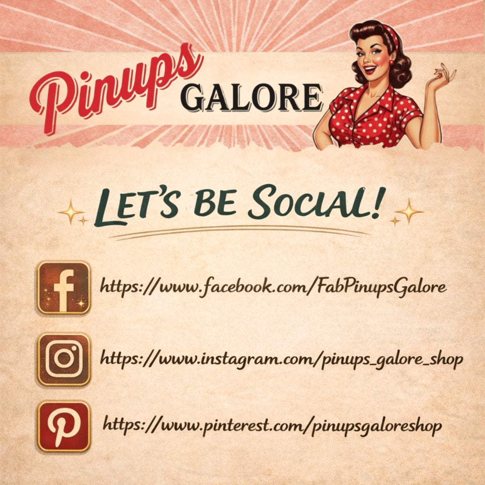 Promotional graphic for 'Pinups Galore' with a vintage design and social media links.
