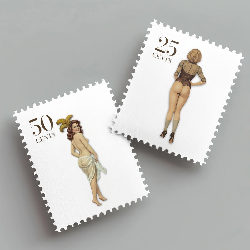 Two vintage-style postage stamps featuring women in lingerie on a gray background