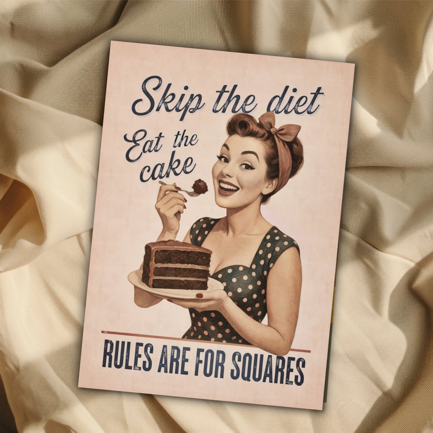 image of Skip the diet eat the cake, rules are for squares vintage pink greeting card 