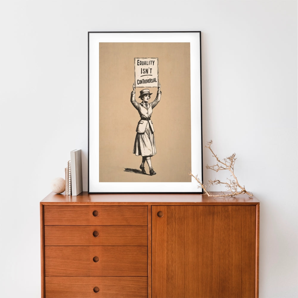 Framed poster with a woman holding a sign on a wooden dresser against a white wall