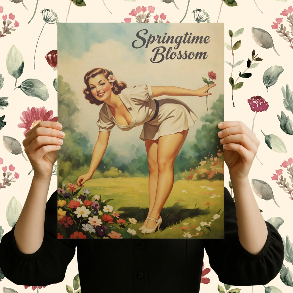Person holding a vintage-style poster with a woman in a garden and 'Springtime Blossom' text.