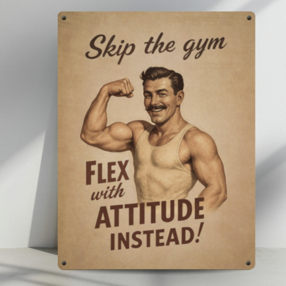 Skip the Gym, Flex with Attitude retro metal fitness humor sign leaning against a wall