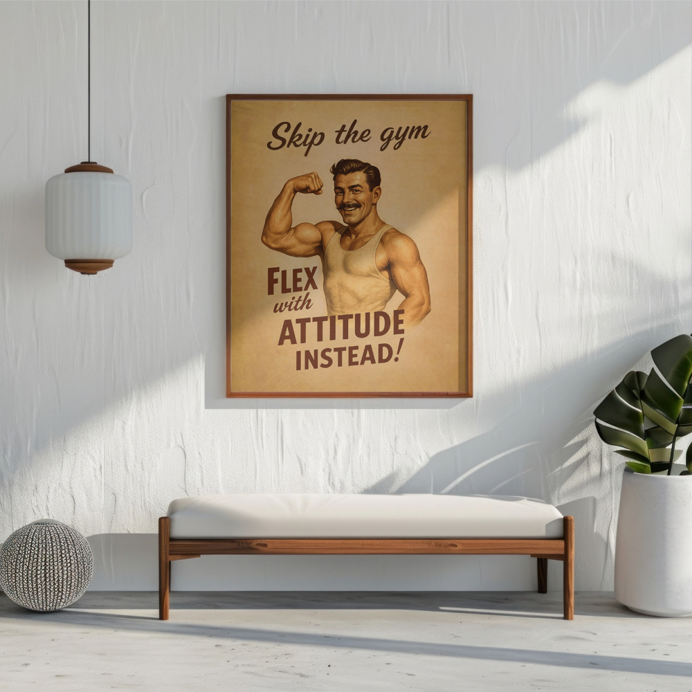 Poster with vintage-style graphic of a man flexing muscles and text, placed on a wall above a bench.