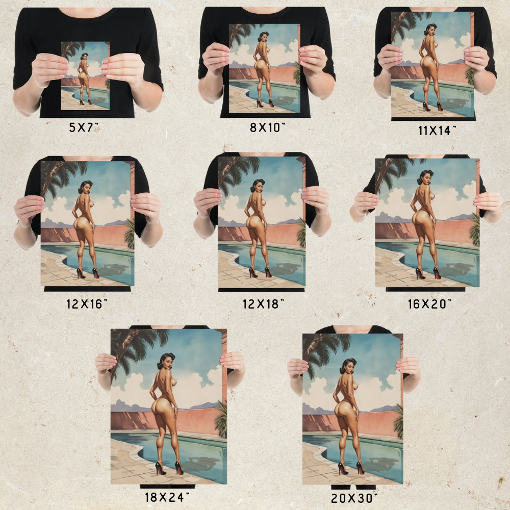 Person holding prints of a woman by a pool at various sizes.