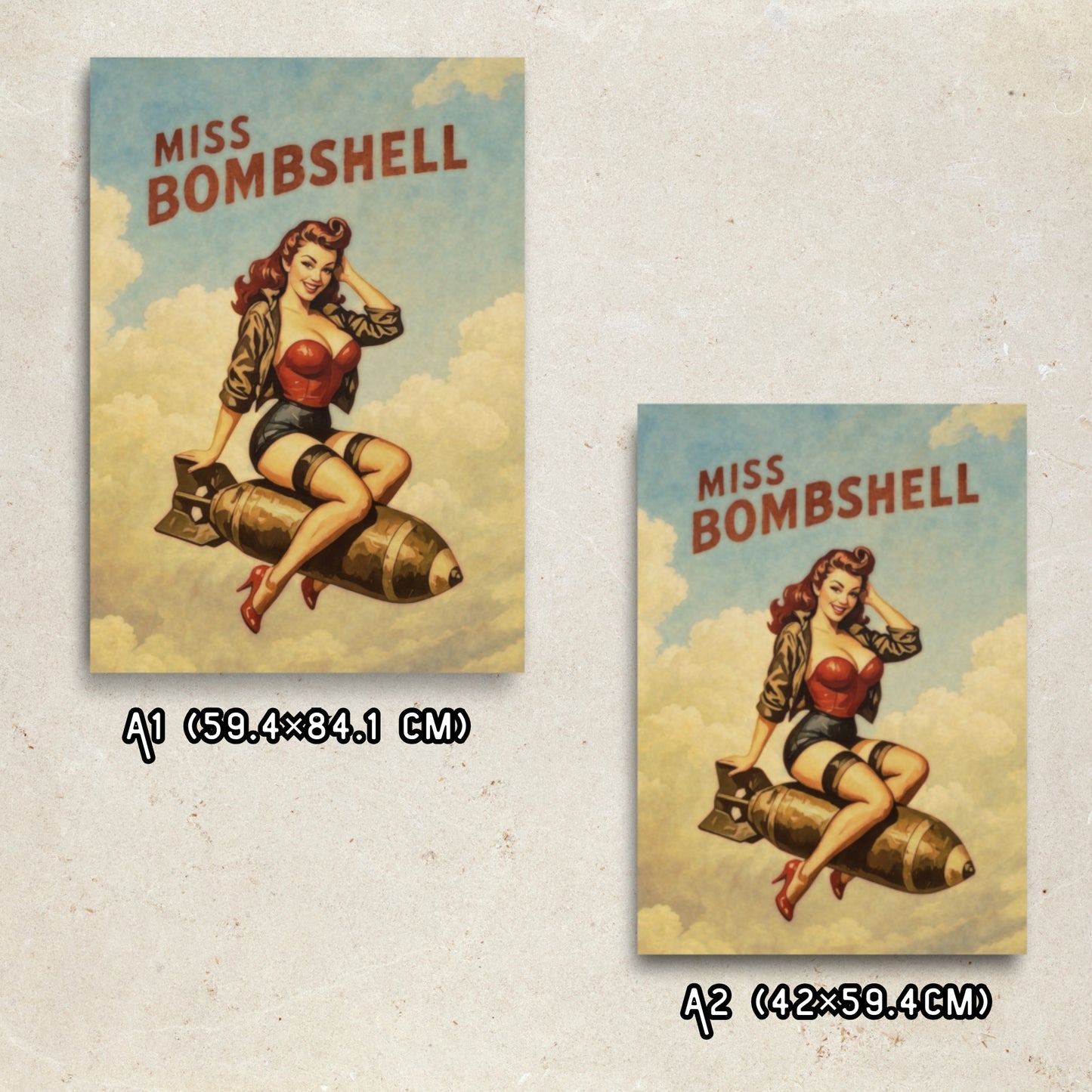 Two 'Miss Bombshell' posters on a textured wall background