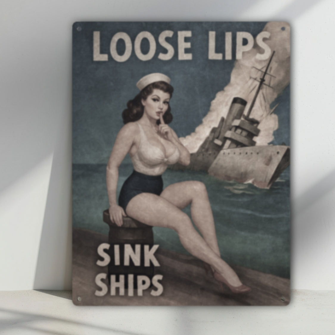 Vintage-style poster with a woman and ship, featuring the text 'Loose lips sink ships'.