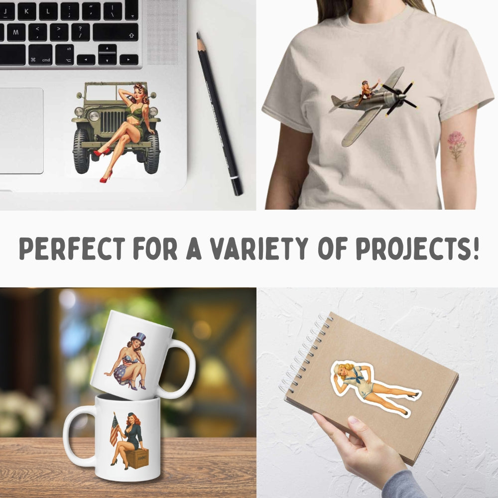 Collage of a t-shirt, mug, and stickers with a vintage design featuring a woman and vehicle.