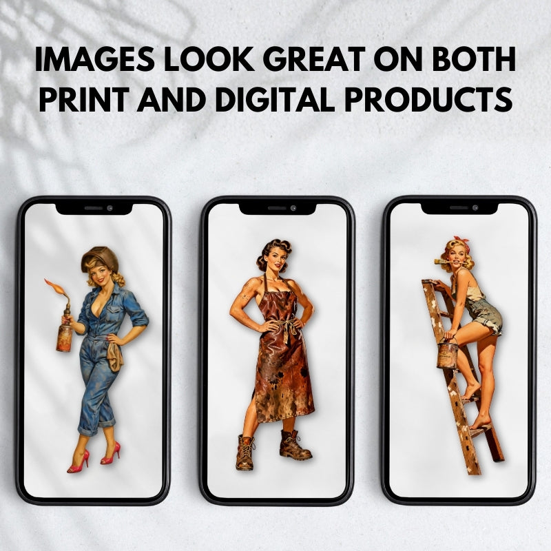 Three smartphones displaying vintage-style women on a textured white background with text 'Images look great on both print and digital products'.
