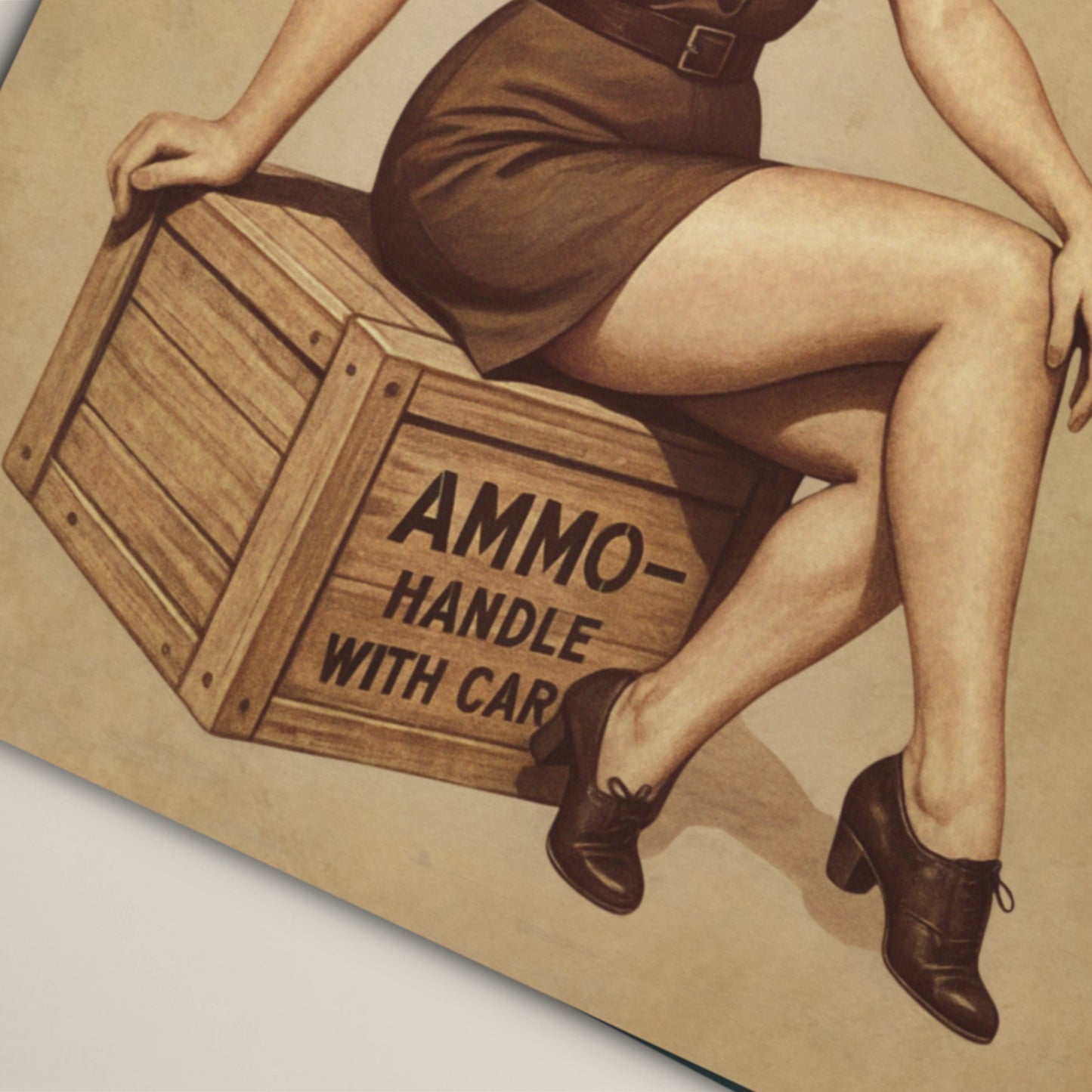 Illustration of a woman sitting on an 'Ammo' crate with a vintage style.