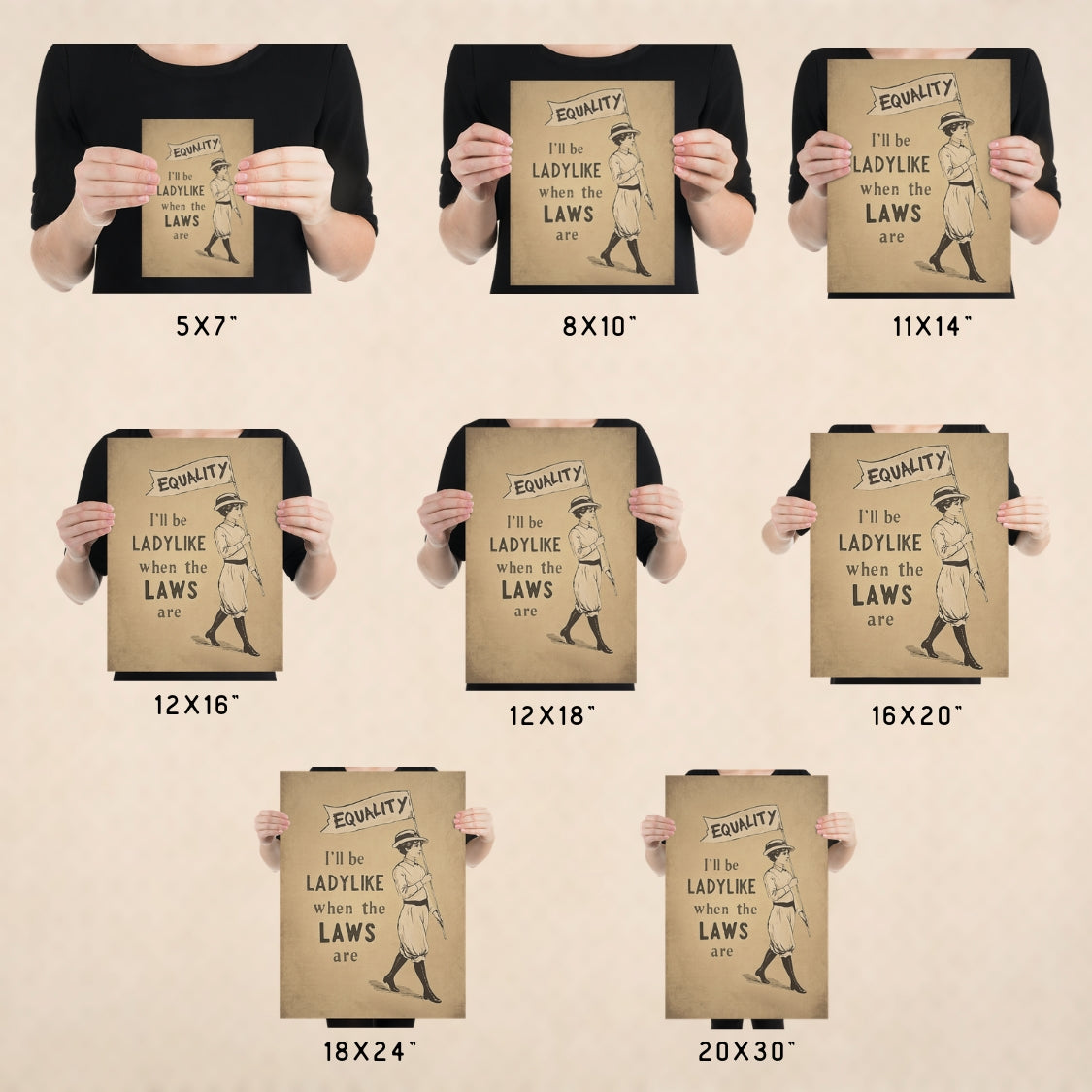 Set of posters held by people in various sizes with text and illustrations.